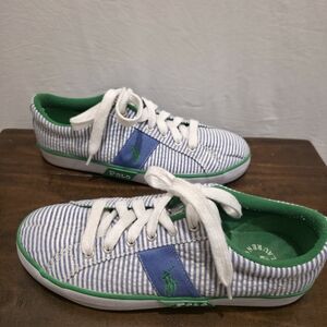 Polo Ralph Lauren Seersucker Low-Top Sneakers Blue/White/Green Vintage Boho